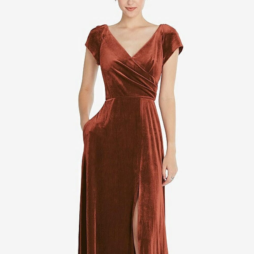 After Six 6862..Cap Sleeve Faux Wrap Velvet Maxi Dress...Auburn Moon...Sz M